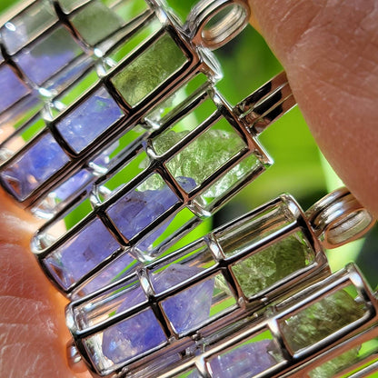 Moldavite & Tanzanite Pendant, Authentic Moldavite Crystal with Tanzanite in a Sterling Silver Cage Necklace