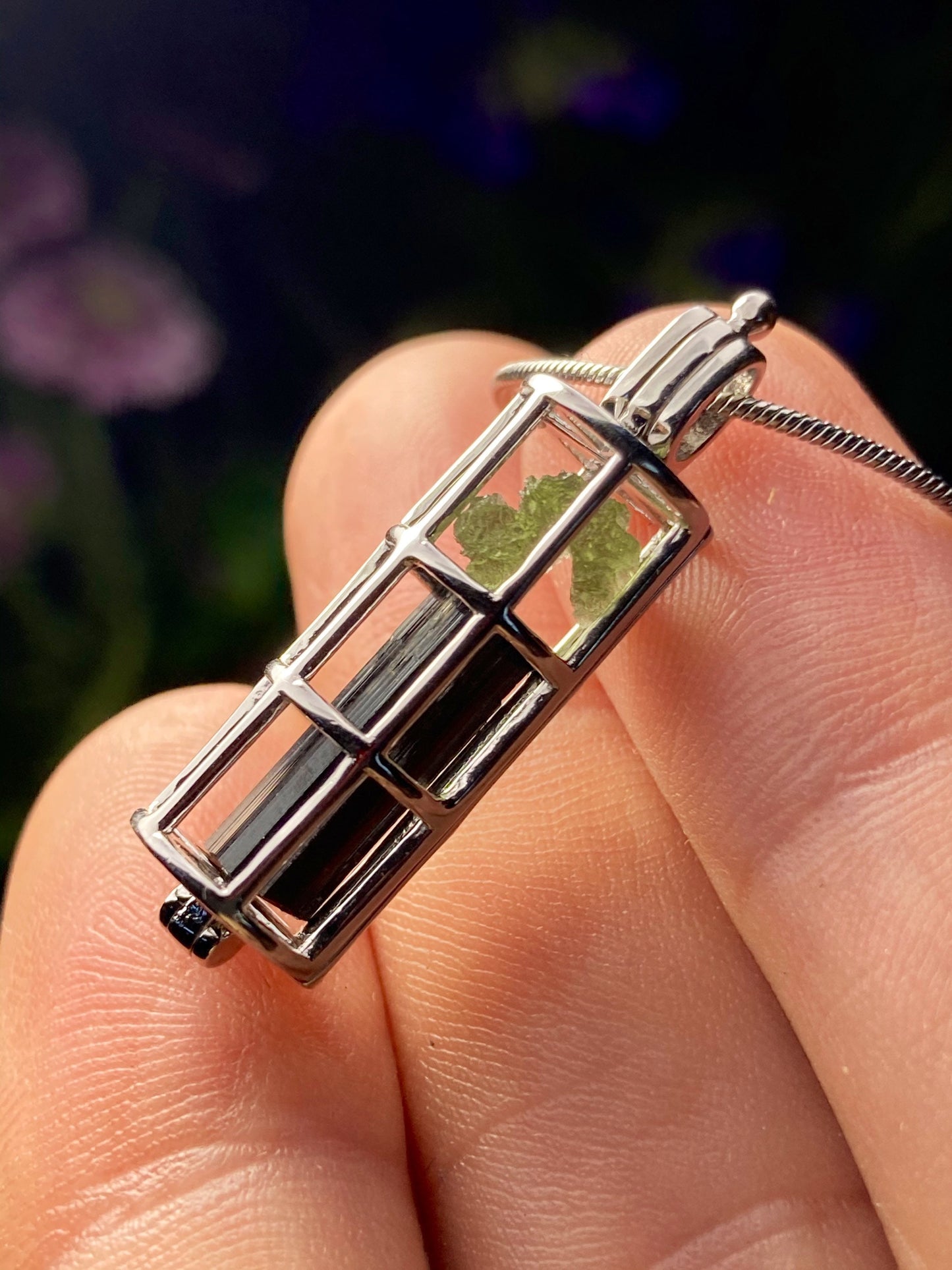 Moldavite & Black Tourmaline Sterling Silver Cage Pendant