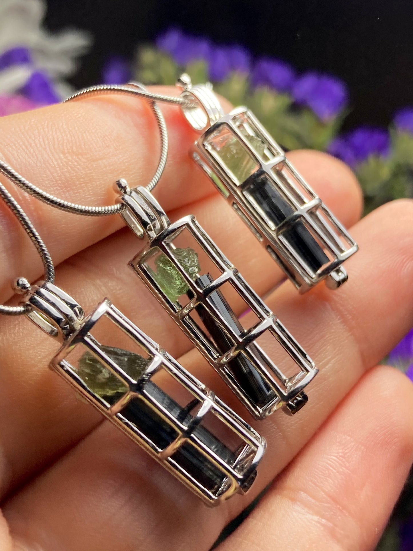 Moldavite & Black Tourmaline Sterling Silver Cage Pendant