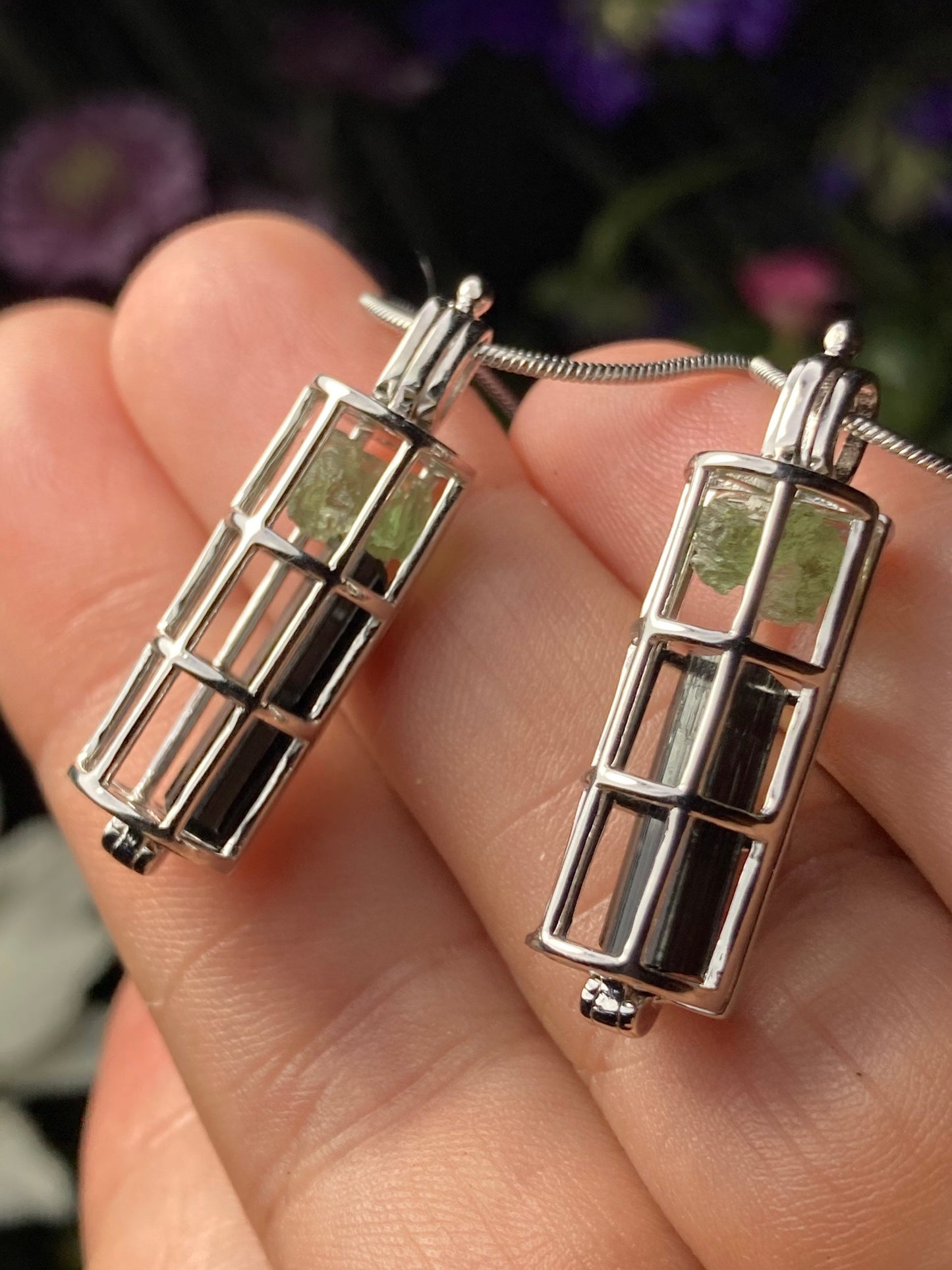 Moldavite & Black Tourmaline Sterling Silver Cage Pendant