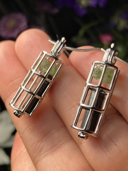 Moldavite & Black Tourmaline Sterling Silver Cage Pendant