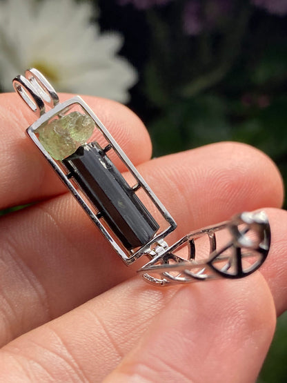 Moldavite & Black Tourmaline Sterling Silver Cage Pendant