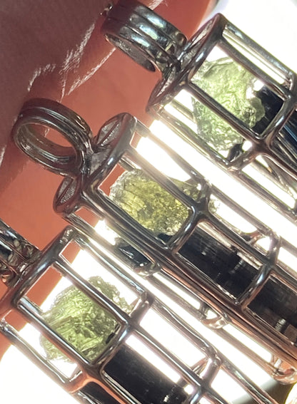 Moldavite & Black Tourmaline Sterling Silver Cage Pendant
