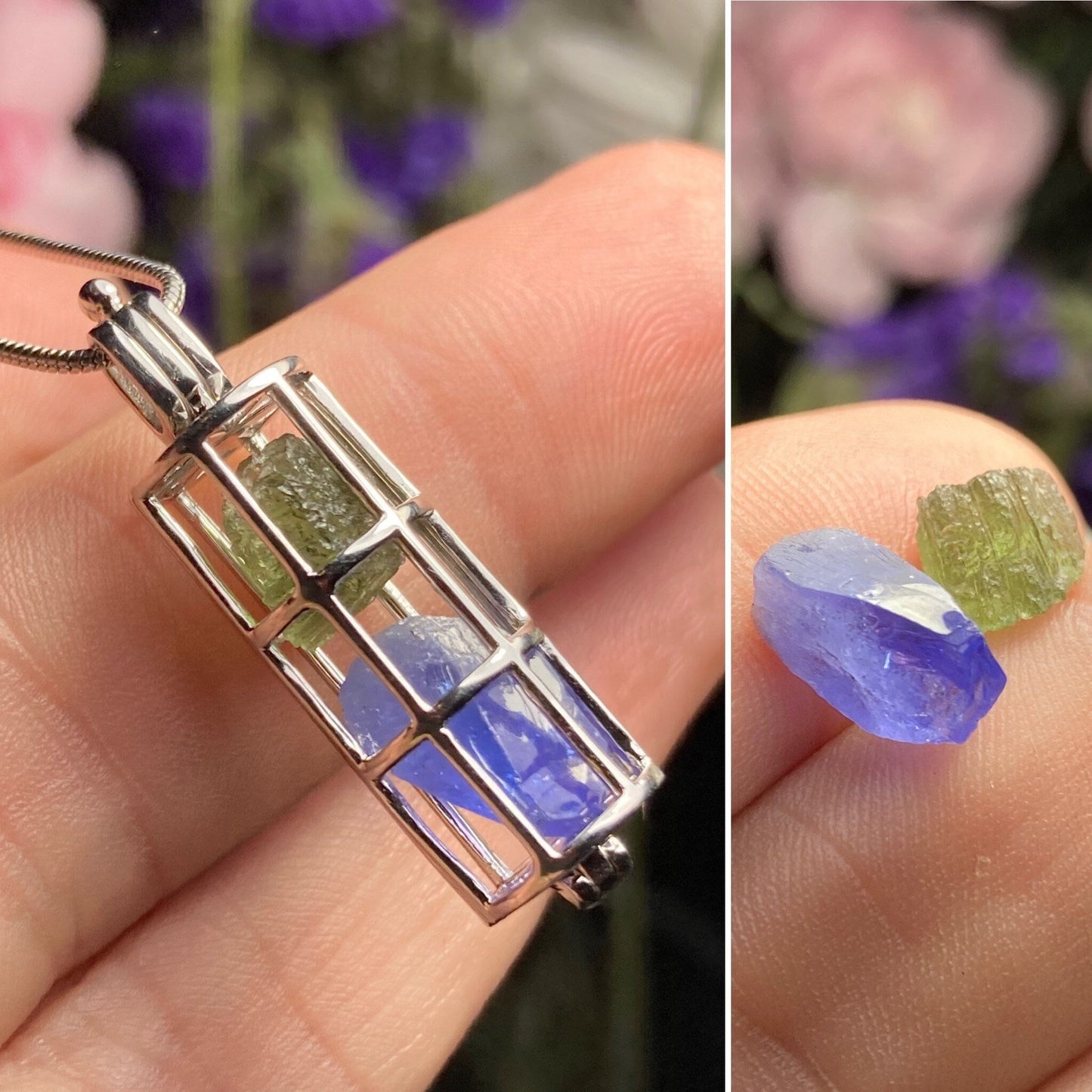 Moldavite & Tanzanite Pendant, Authentic Moldavite Crystal with Tanzanite in a Sterling Silver Cage Necklace
