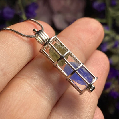 Moldavite & Tanzanite Pendant, Authentic Moldavite Crystal with Tanzanite in a Sterling Silver Cage Necklace