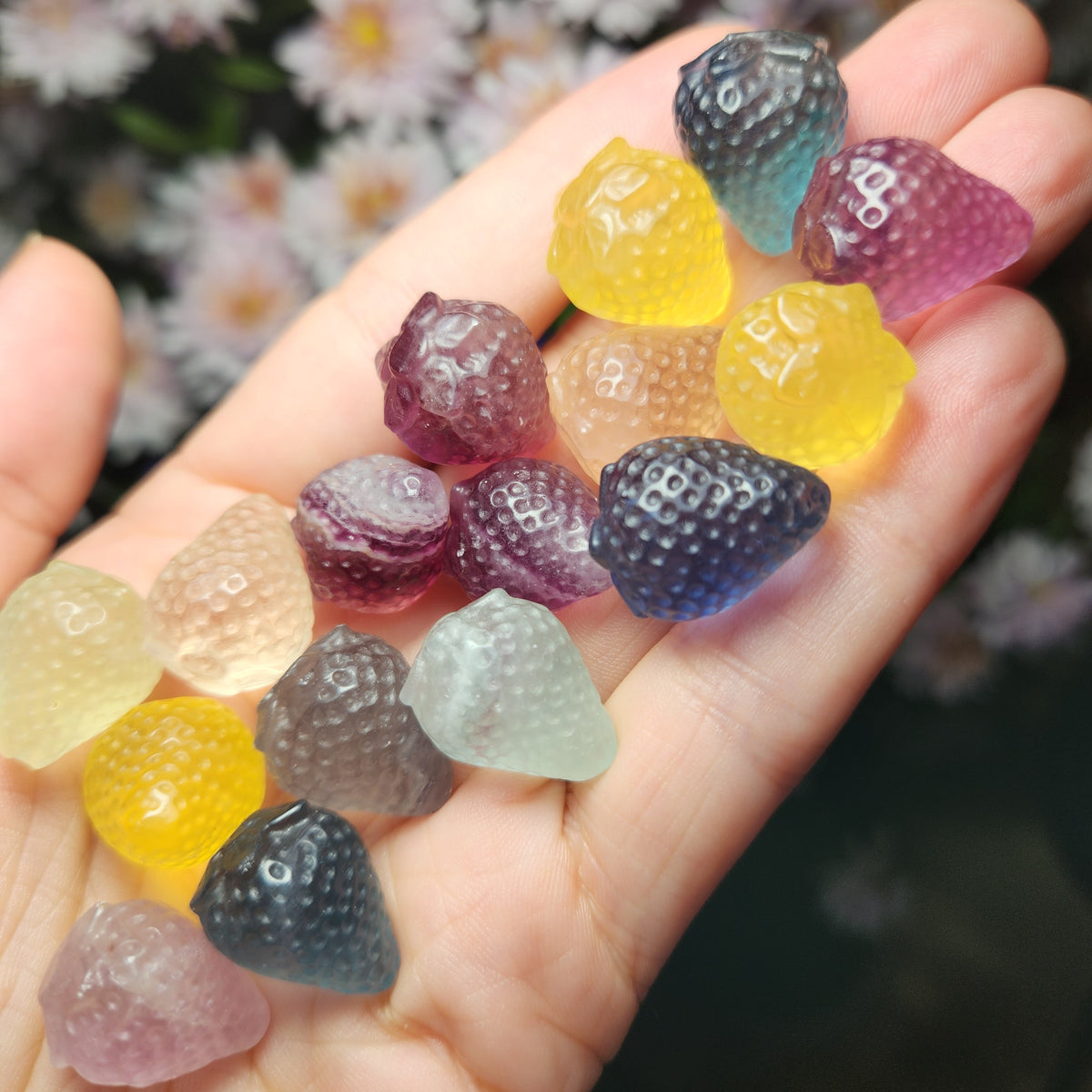 Mini Strawberry Gemstone Carving, Rainbow Fluorite Crystal