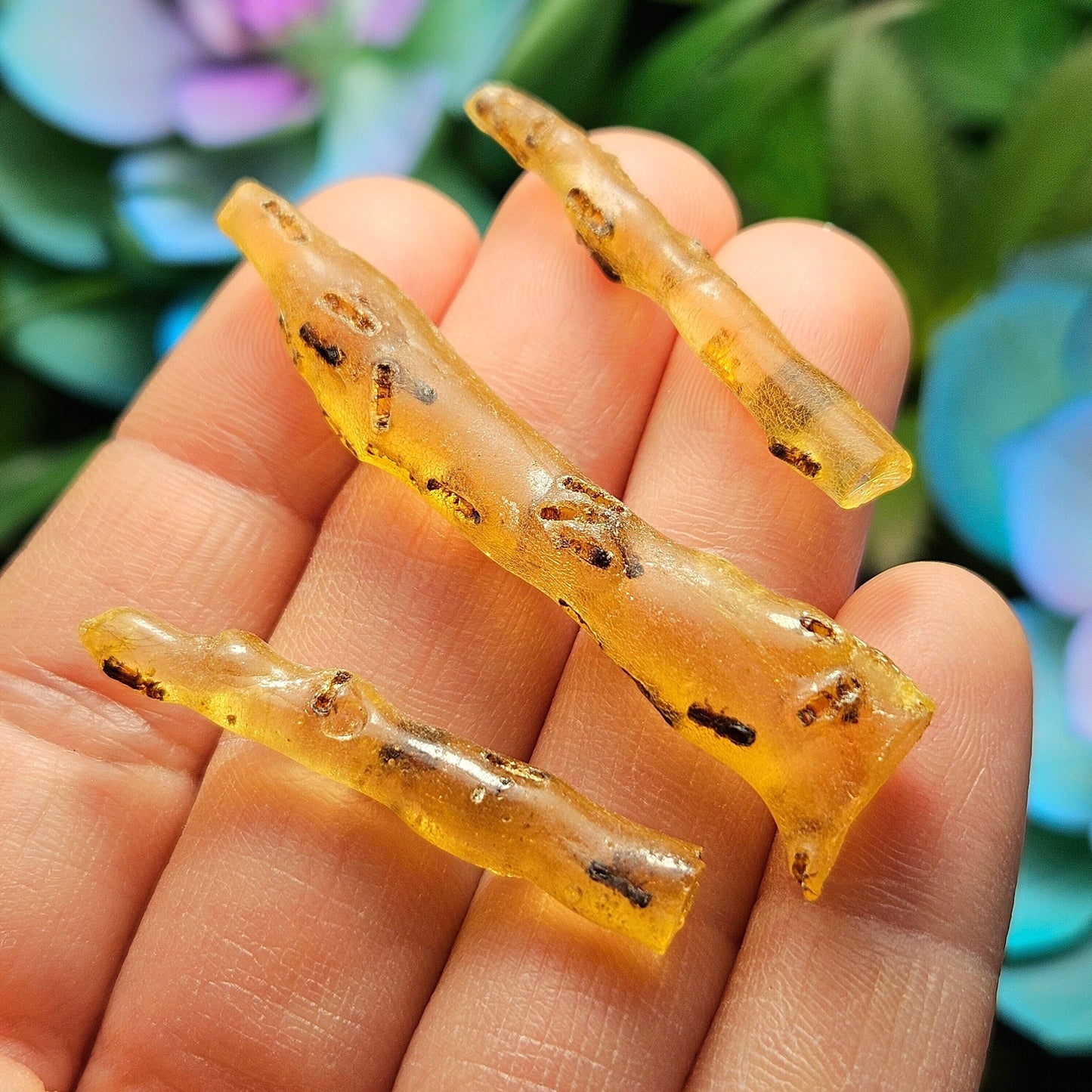 Amber Wand with Insects, Natural Young Amber with Bug Inclusions