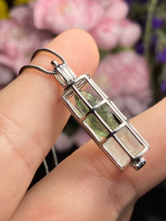 Moldavite & Phenacite Sterling Silver Cage Pendant