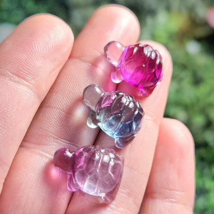 Mini Turtle Gemstone Carving, Rainbow Fluorite Crystal Carving (20x15mm)