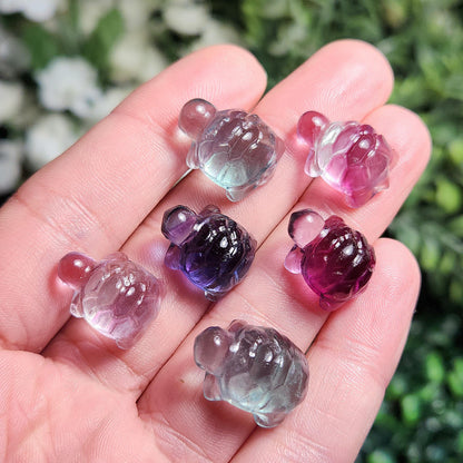 Mini Turtle Gemstone Carving, Rainbow Fluorite Crystal Carving (20x15mm)