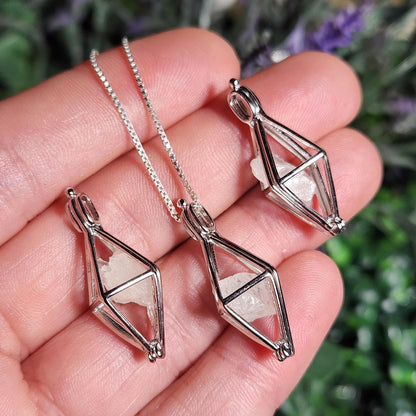 Sterling Silver Phenacite Pendant: Nigerian Crystal Cage Necklace