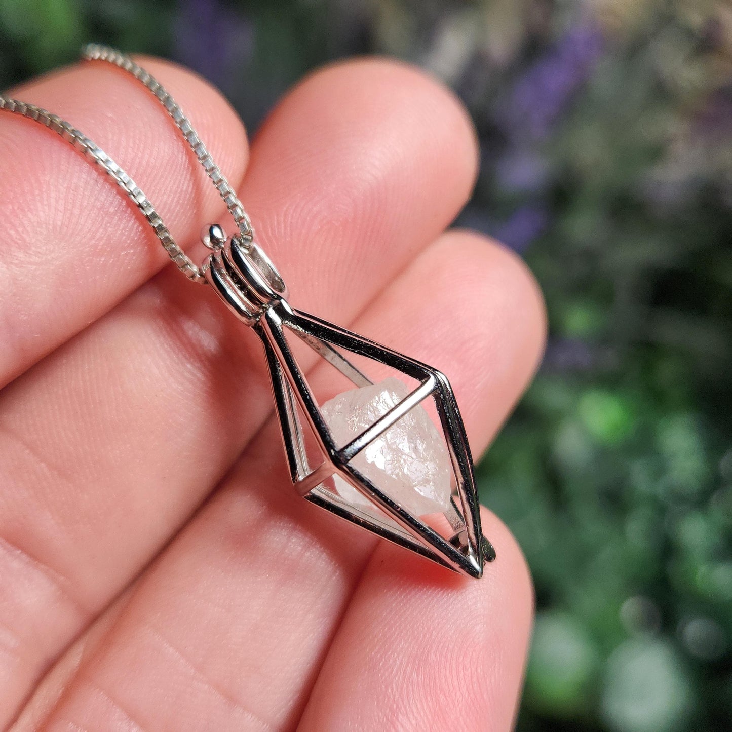 Sterling Silver Phenacite Pendant: Nigerian Crystal Cage Necklace
