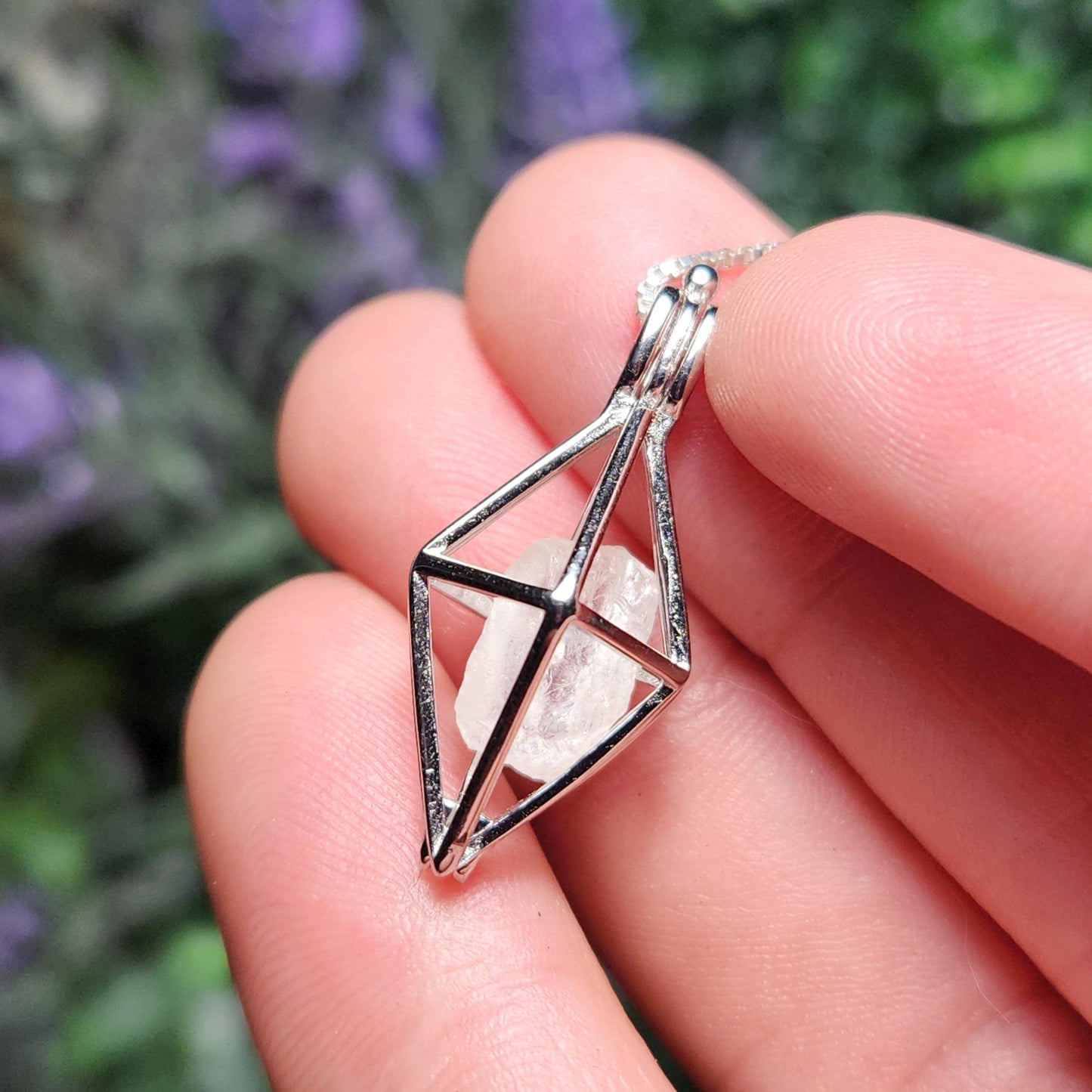 Sterling Silver Phenacite Pendant: Nigerian Crystal Cage Necklace