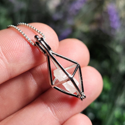 Sterling Silver Phenacite Pendant: Nigerian Crystal Cage Necklace