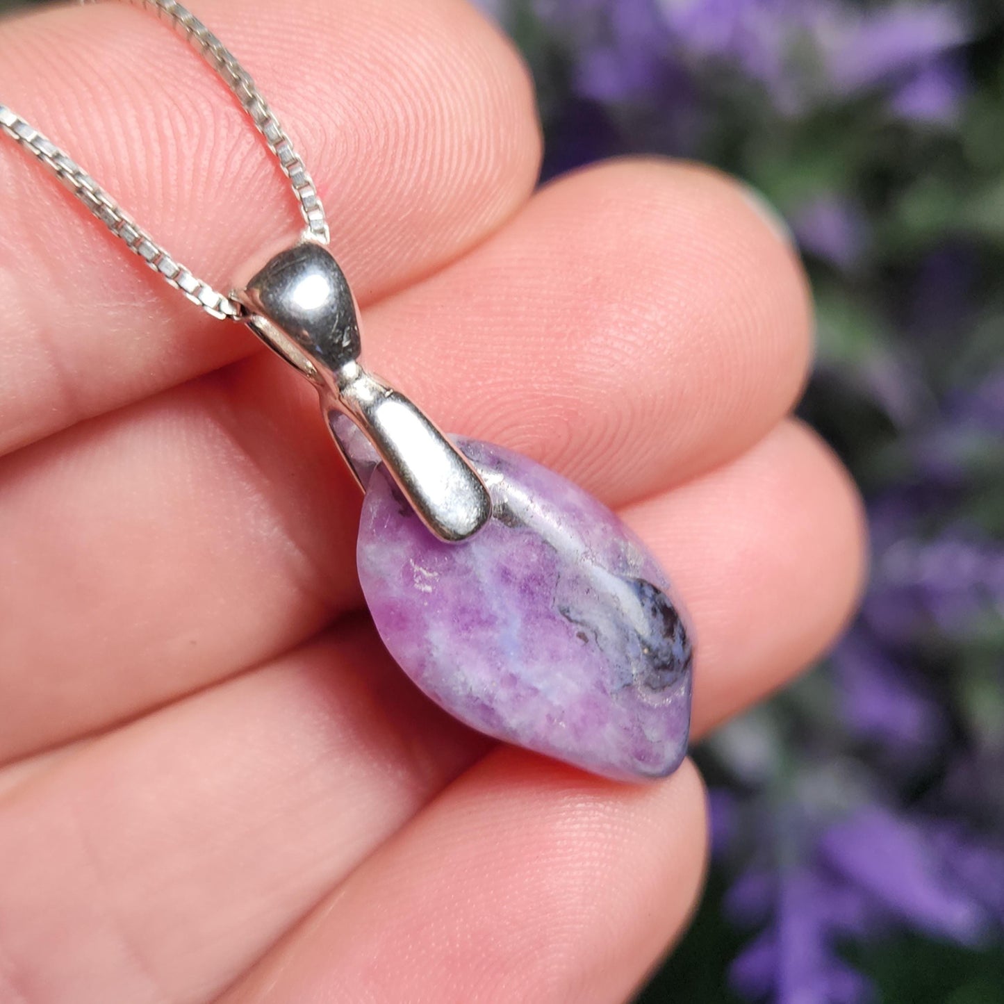 Gel Sugilite Pendant with Blue Richterite Inclusions, Polished Sugilite Necklace
