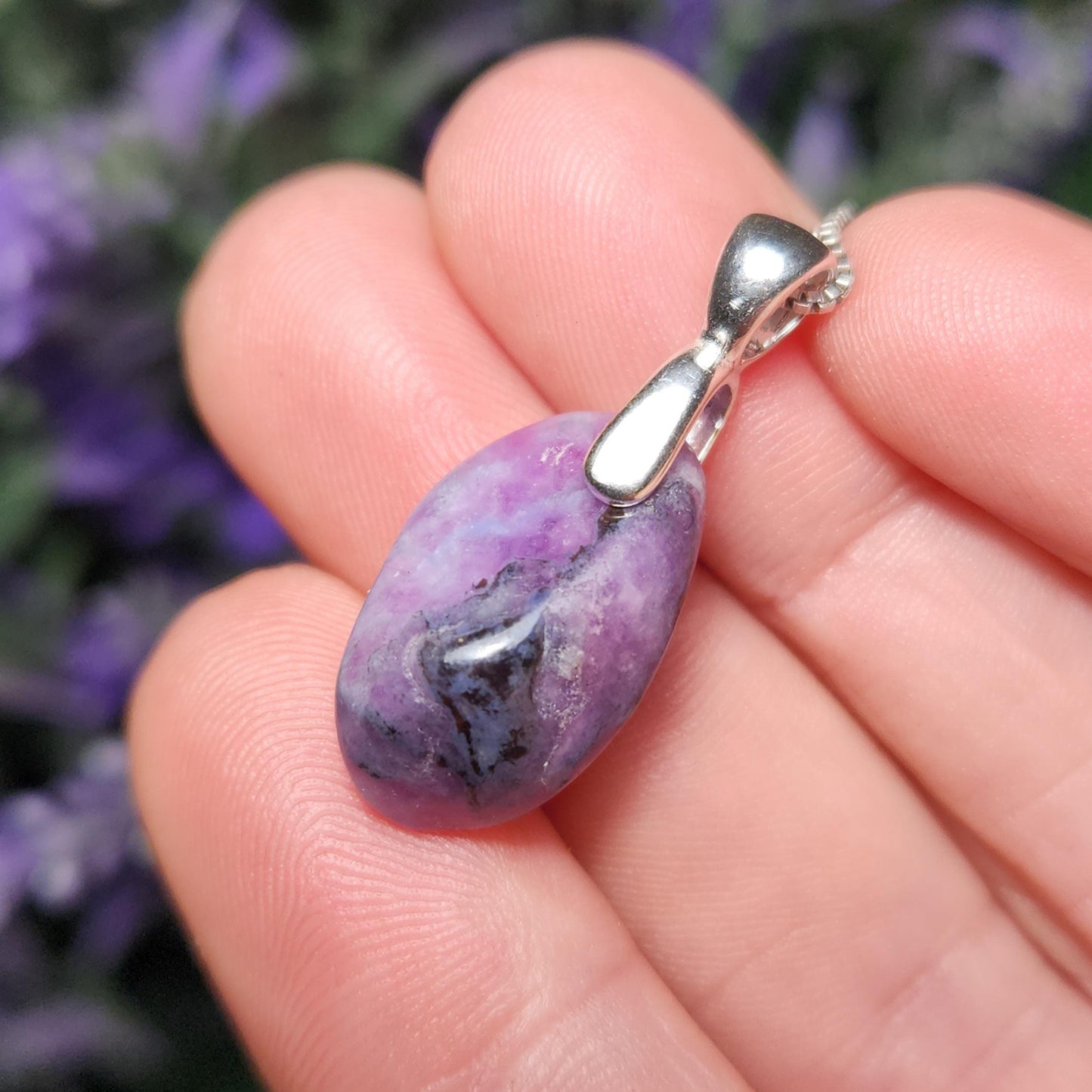 Gel Sugilite Pendant with Blue Richterite Inclusions, Polished Sugilite Necklace