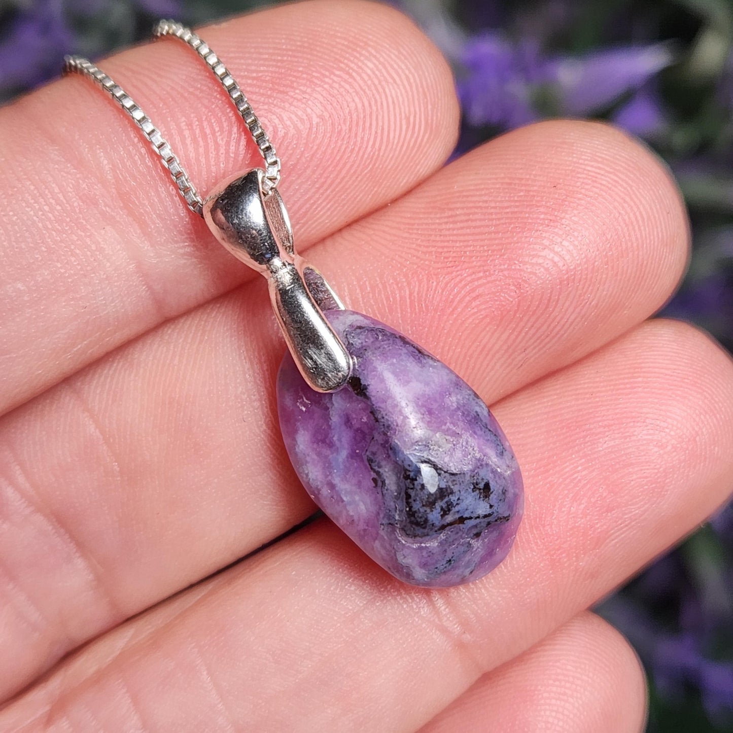 Gel Sugilite Pendant with Blue Richterite Inclusions, Polished Sugilite Necklace
