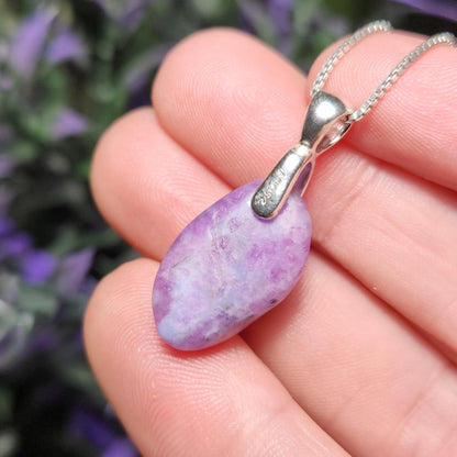 Gel Sugilite Pendant with Blue Richterite Inclusions, Polished Sugilite Necklace