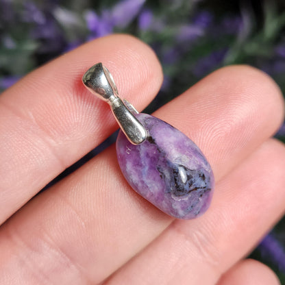 Gel Sugilite Pendant with Blue Richterite Inclusions, Polished Sugilite Necklace