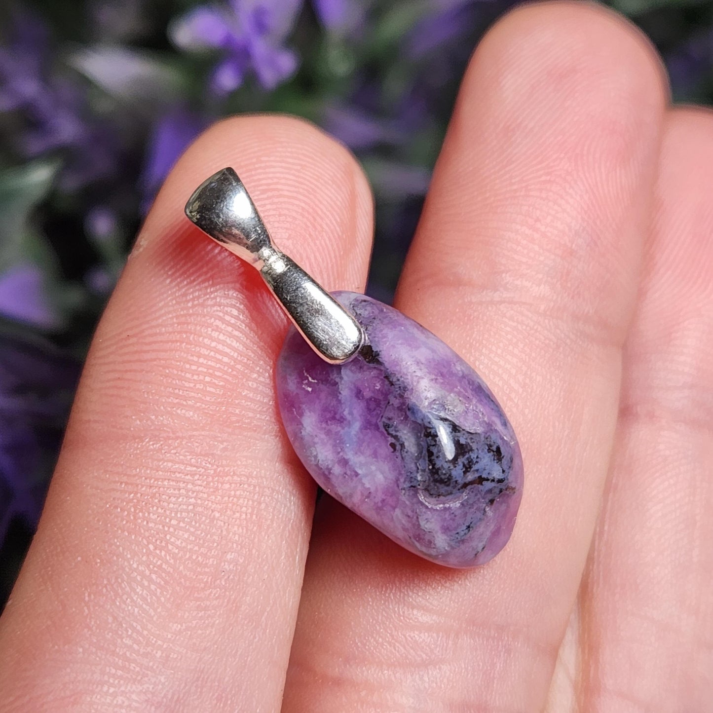 Gel Sugilite Pendant with Blue Richterite Inclusions, Polished Sugilite Necklace