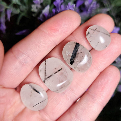 Black Rutilated Quartz, Tumbled Black Rutile in Quartz Crystal, Polished Stones