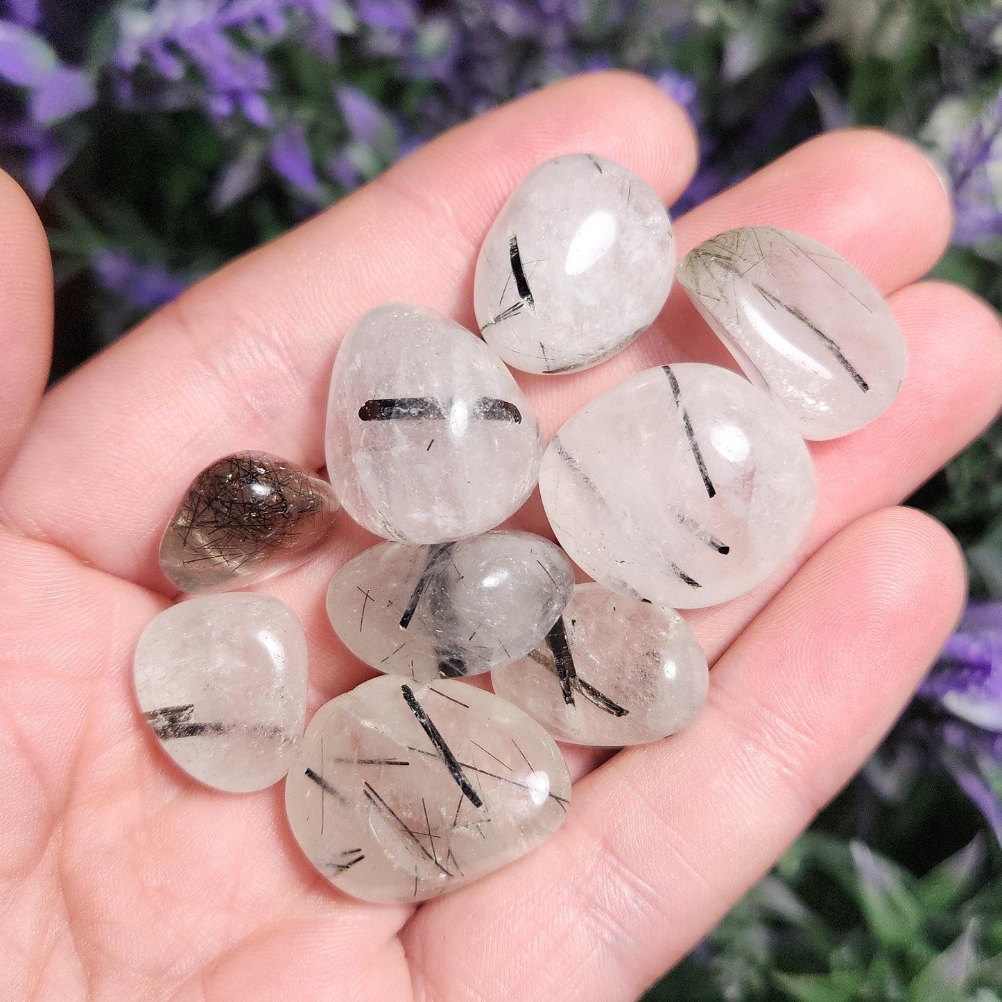 Black Rutilated Quartz, Tumbled Black Rutile in Quartz Crystal, Polished Stones