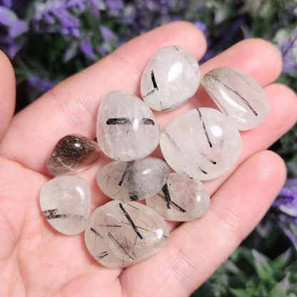 Black Rutilated Quartz, Tumbled Black Rutile in Quartz Crystal, Polished Stones