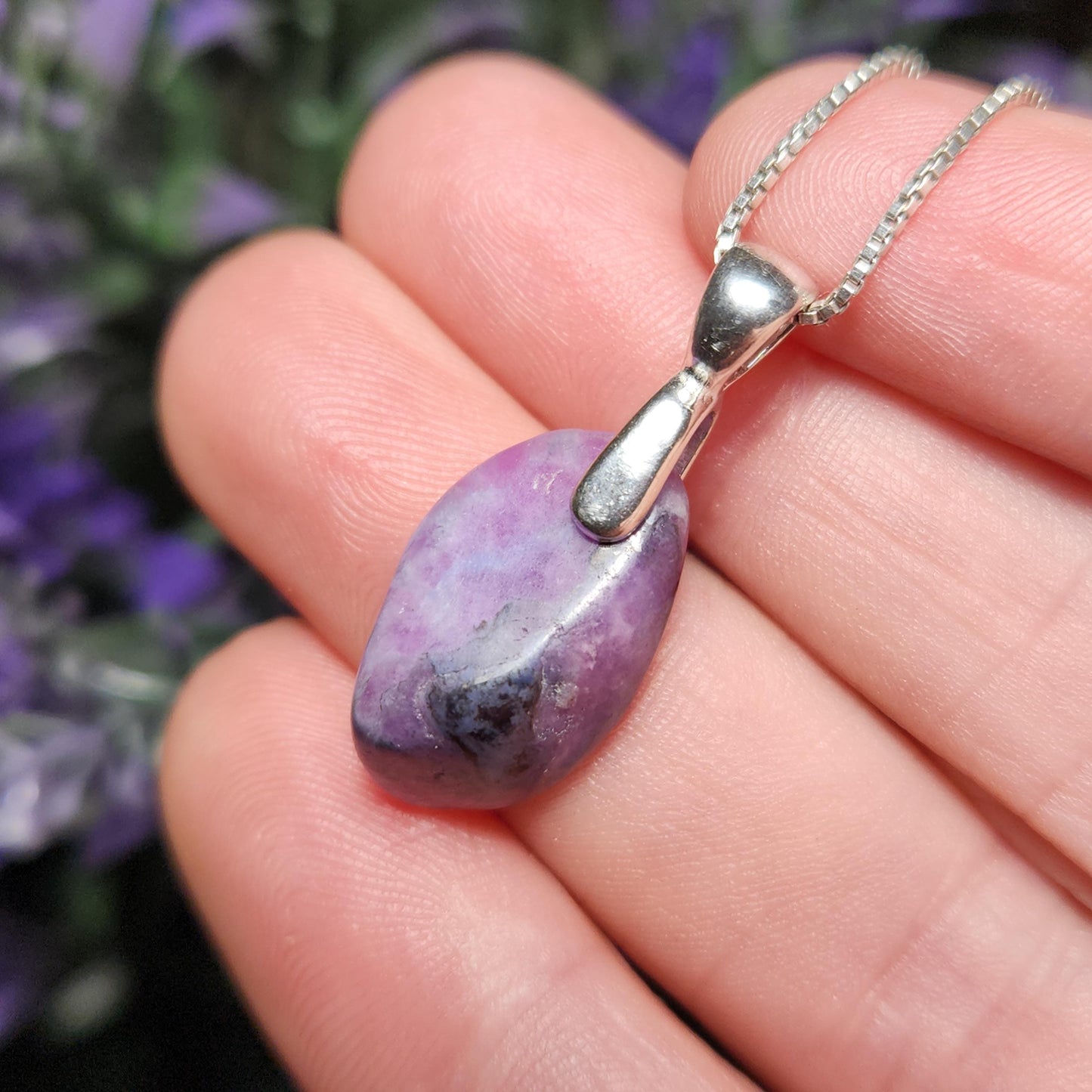 Gel Sugilite Pendant with Blue Richterite Inclusions, Polished Sugilite Necklace