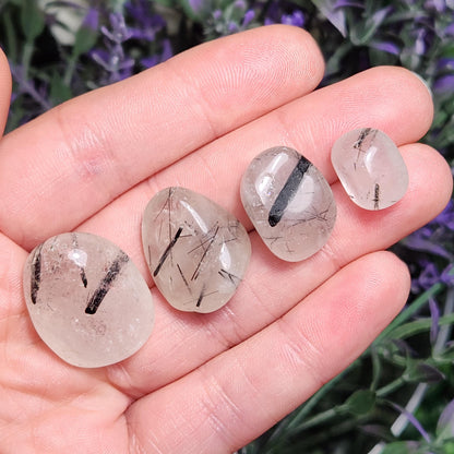 Black Rutilated Quartz, Tumbled Black Rutile in Quartz Crystal, Polished Stones