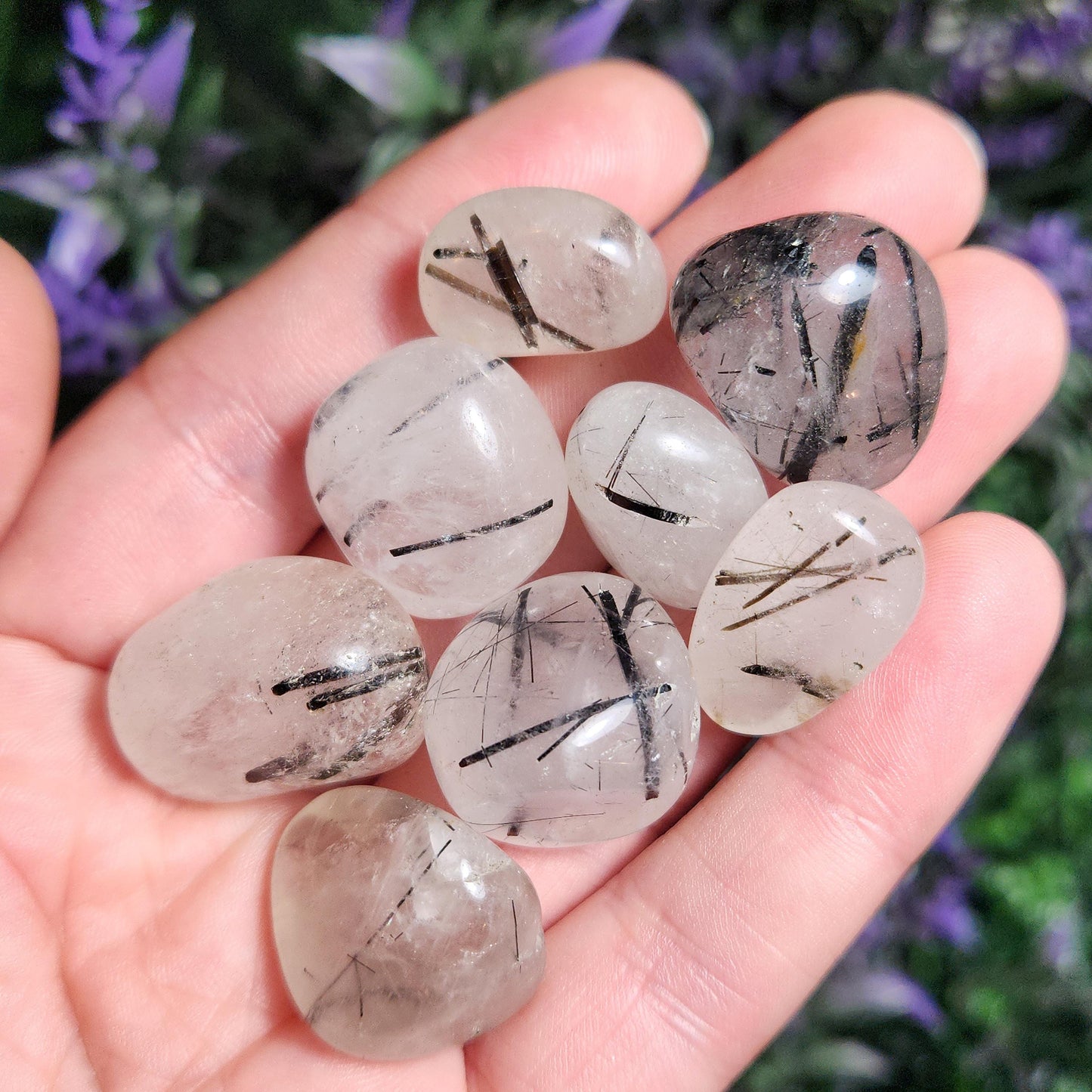 Black Rutilated Quartz, Tumbled Black Rutile in Quartz Crystal, Polished Stones