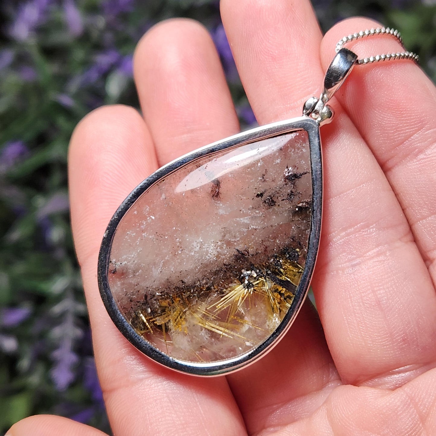 Rutile Hematite in Quartz Pendant, Sterling Silver Rutile Star Necklace