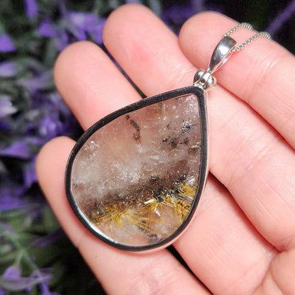 Rutile Hematite in Quartz Pendant, Sterling Silver Rutile Star Necklace
