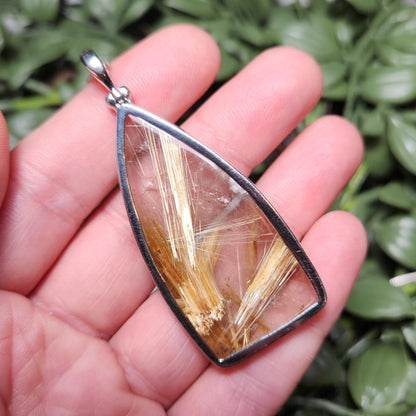 Natural Rutile Star in Quartz Pendant: Hematite & Angel Hair Golden Rutile Necklace