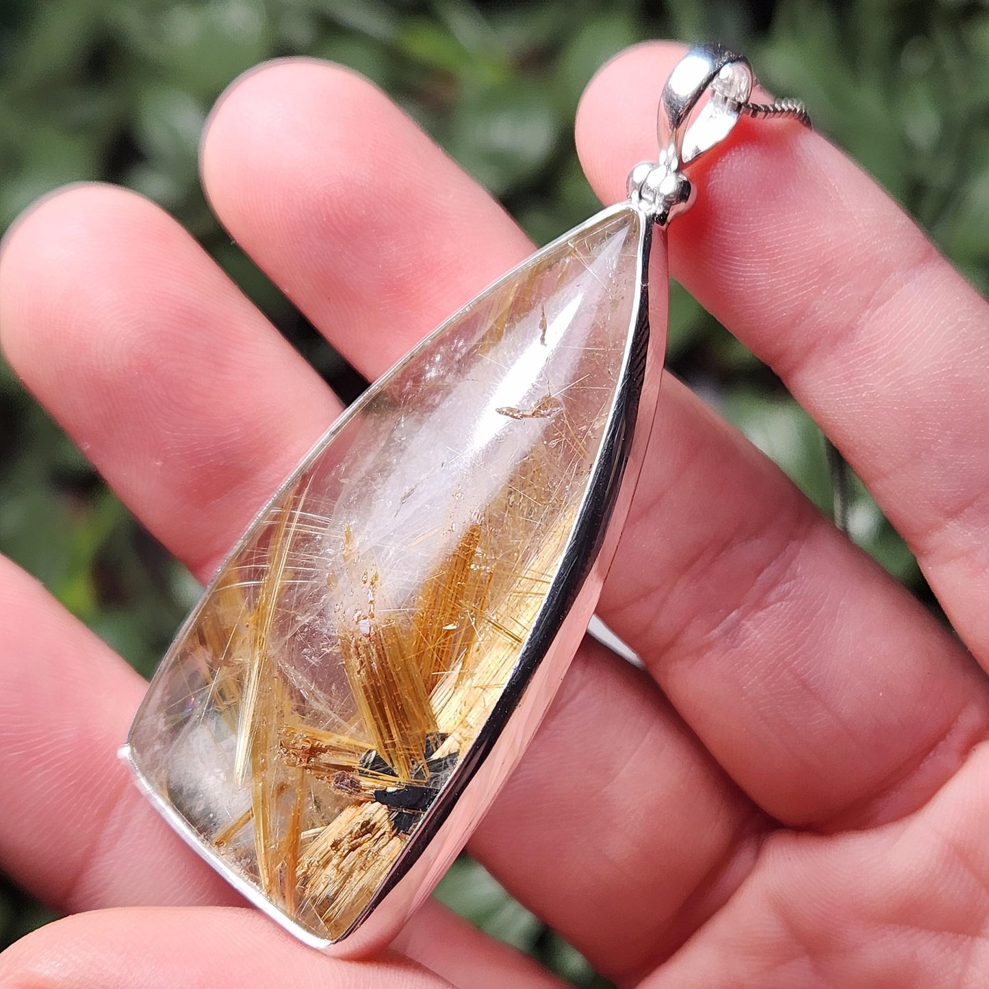 Natural Rutile Star in Quartz Pendant: Hematite & Angel Hair Golden Rutile Necklace
