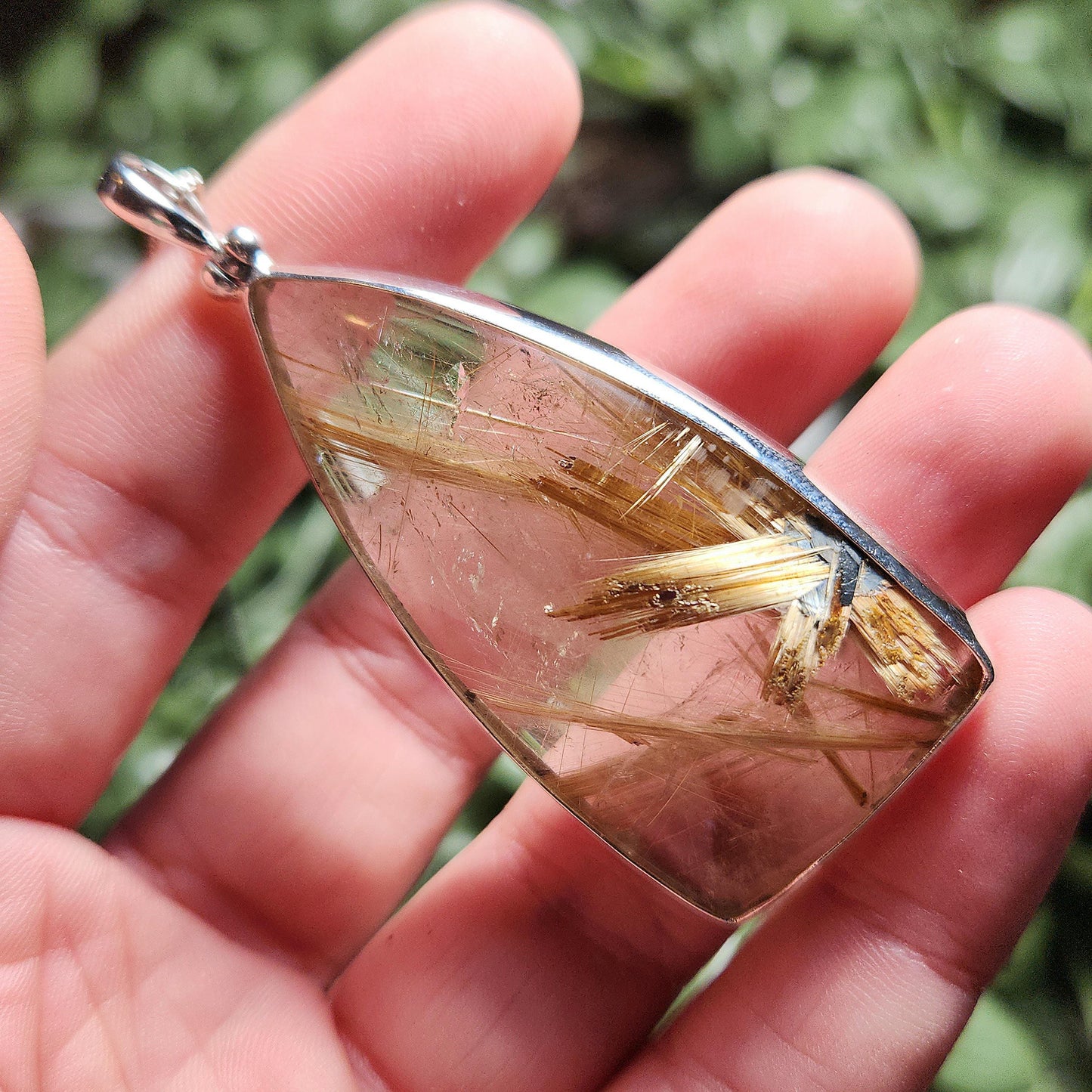 Natural Rutile Star in Quartz Pendant: Hematite & Angel Hair Golden Rutile Necklace