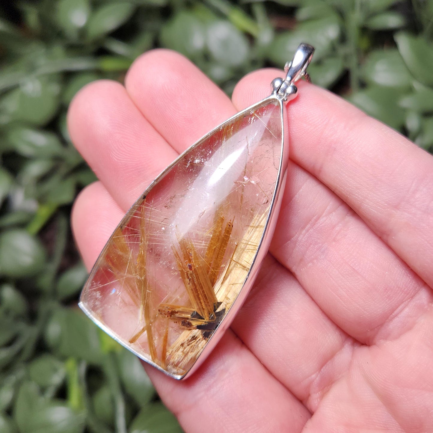 Natural Rutile Star in Quartz Pendant: Hematite & Angel Hair Golden Rutile Necklace