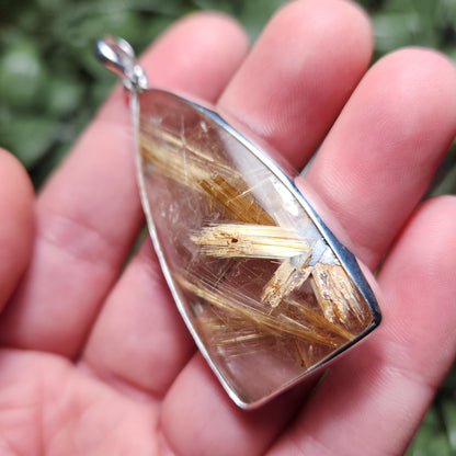 Natural Rutile Star in Quartz Pendant: Hematite & Angel Hair Golden Rutile Necklace