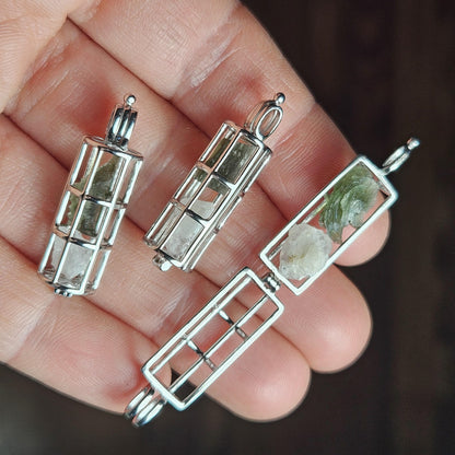 Moldavite & Phenacite Sterling Silver Cage Pendant