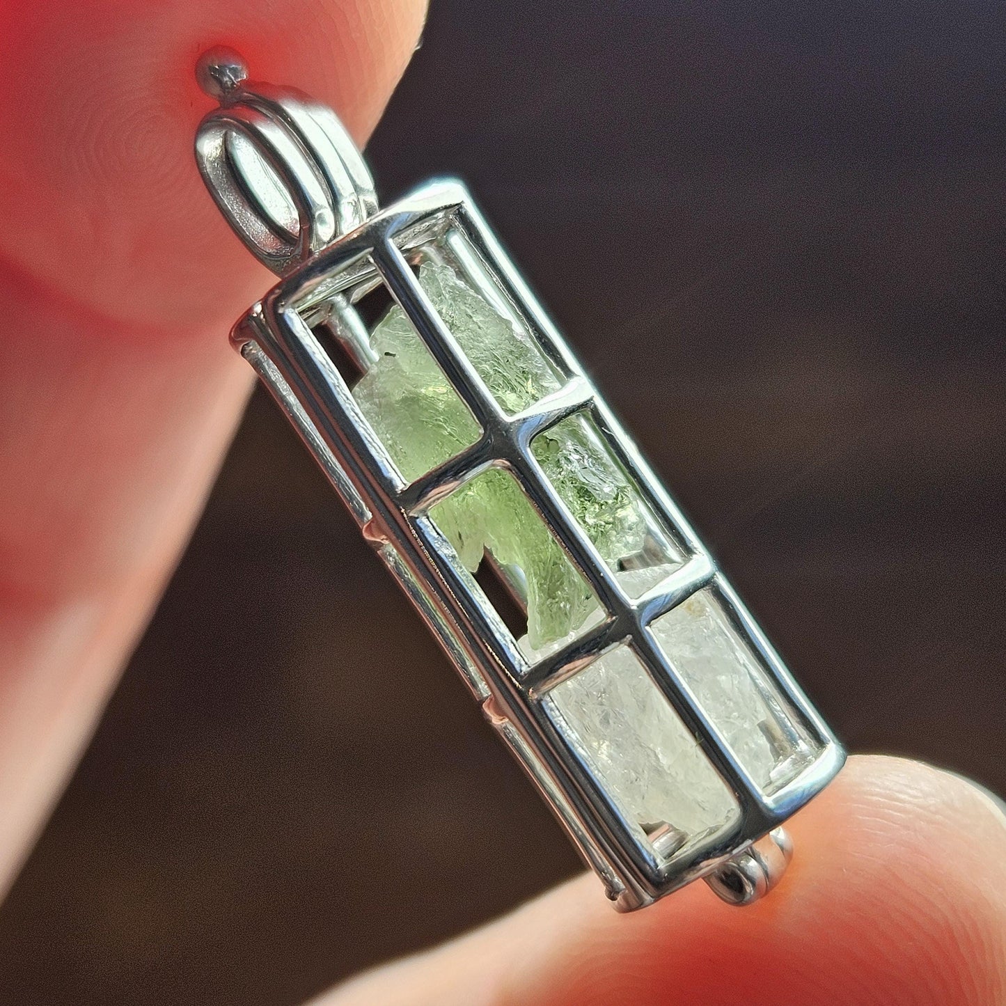 Moldavite & Phenacite Sterling Silver Cage Pendant