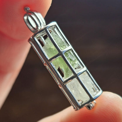 Moldavite & Phenacite Sterling Silver Cage Pendant
