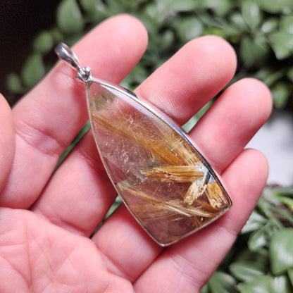 Natural Rutile Star in Quartz Pendant: Hematite & Angel Hair Golden Rutile Necklace