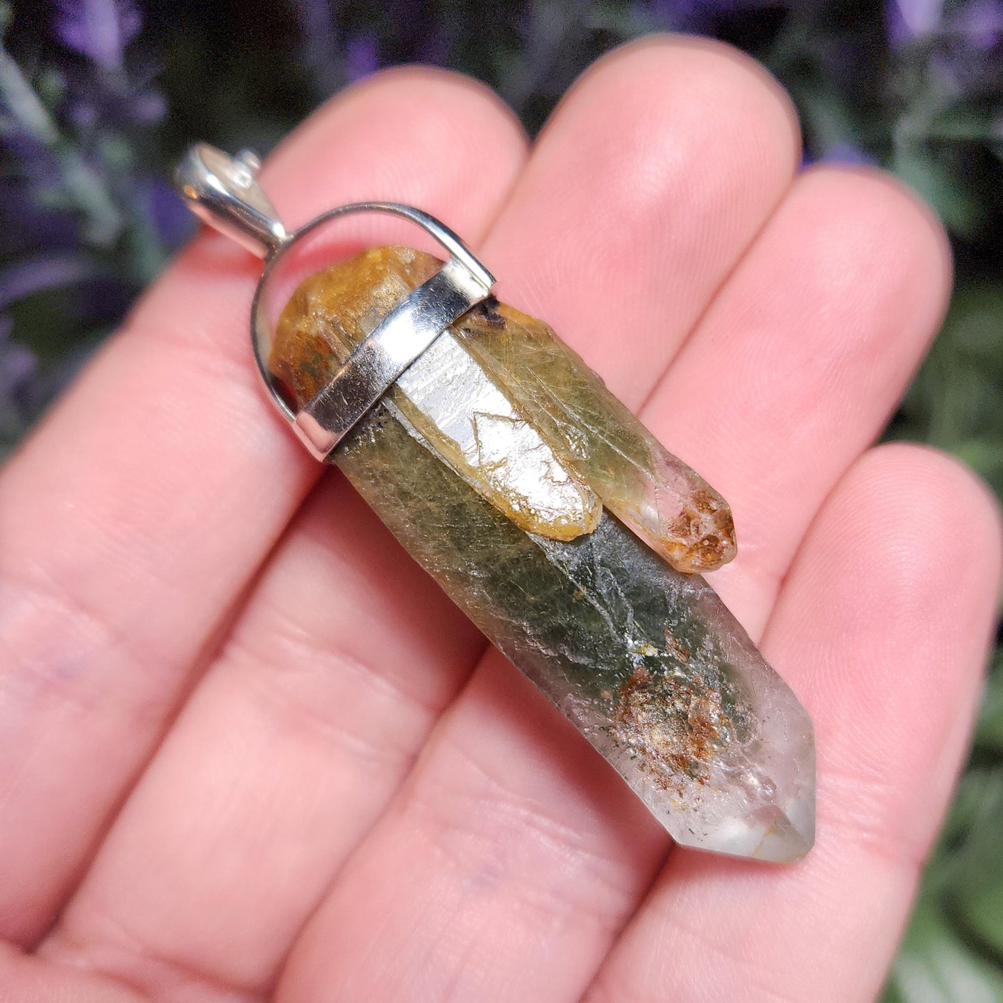 Green Amphibole Phantom Quartz Pendant