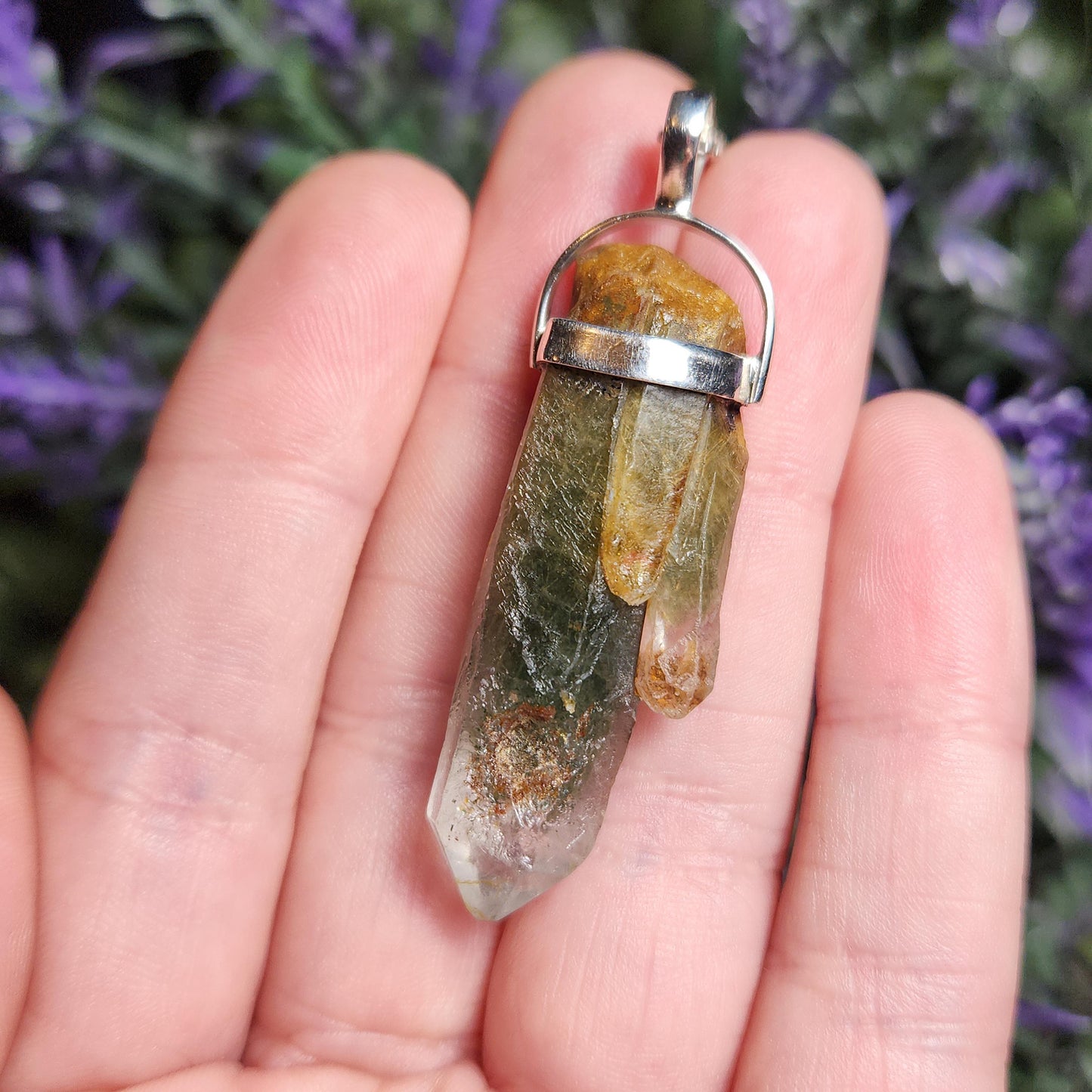 Green Amphibole Phantom Quartz Pendant