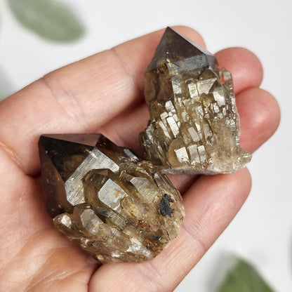 May include: Two smoky quartz crystal clusters with a brown and clear color. The crystals are pointed and have a rough texture.