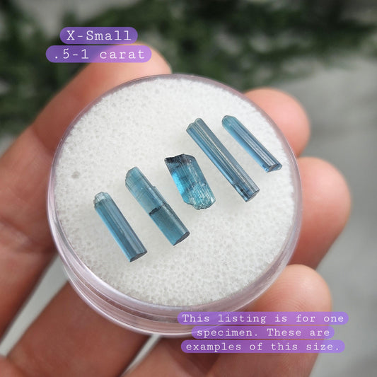 May include: Six small, blue, elongated, translucent, aquamarine crystals in a white, round, plastic container. The text &#39;X-Small .5-1 carat&#39; is written in purple text on a white background. The text &#39;This listing is for one specimen. These are examples of this size.&#39; is written in purple text on a white background.