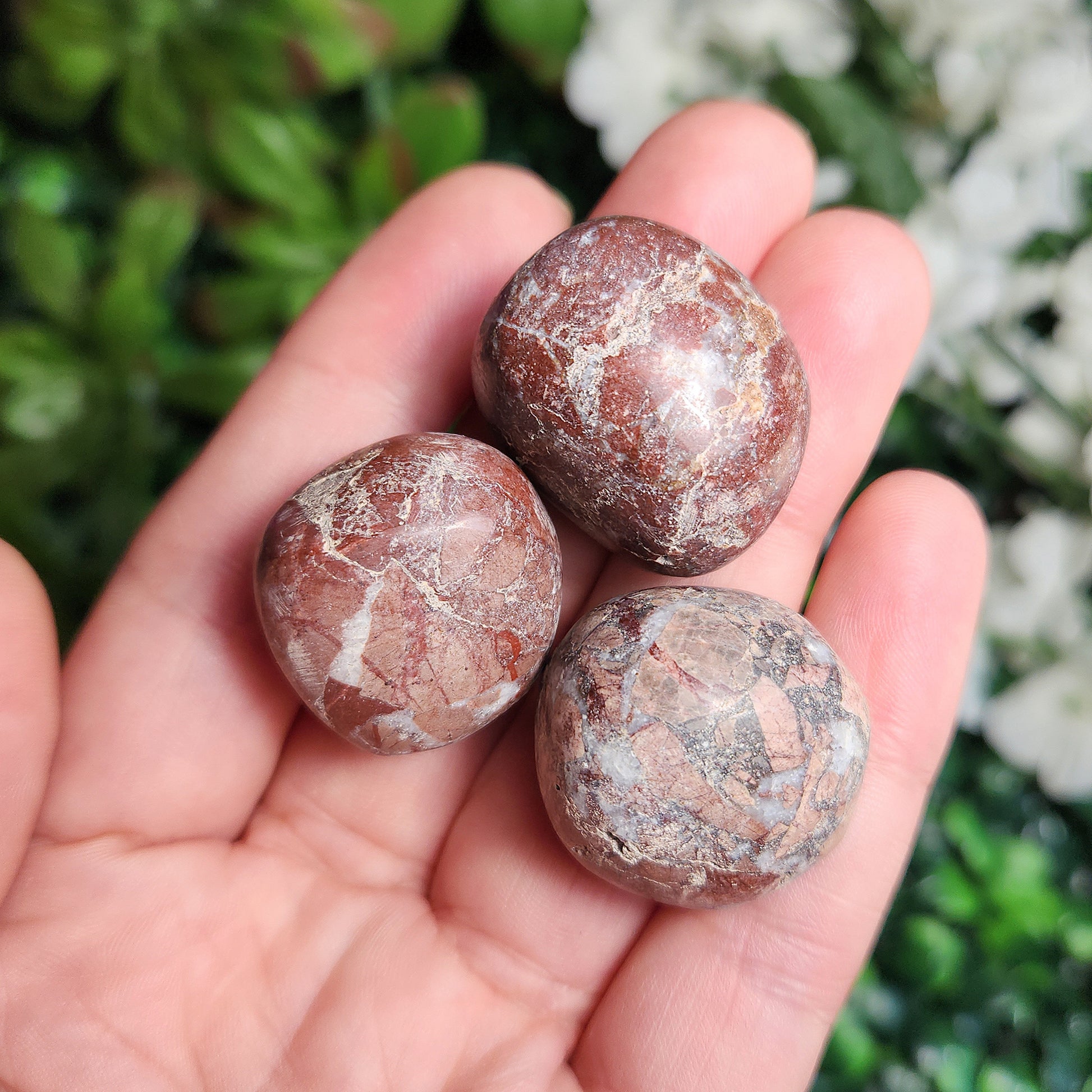 May include: Three tumbled stones with a red and white marbled pattern.