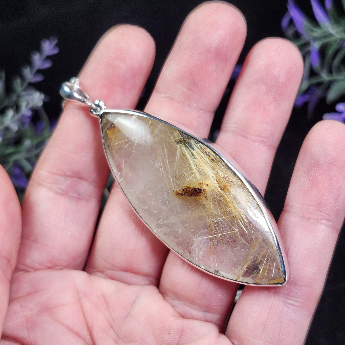Rutile Hematite Star in Quartz Pendant, Natural Brazilian Crystal Cabochon in Sterling Silver