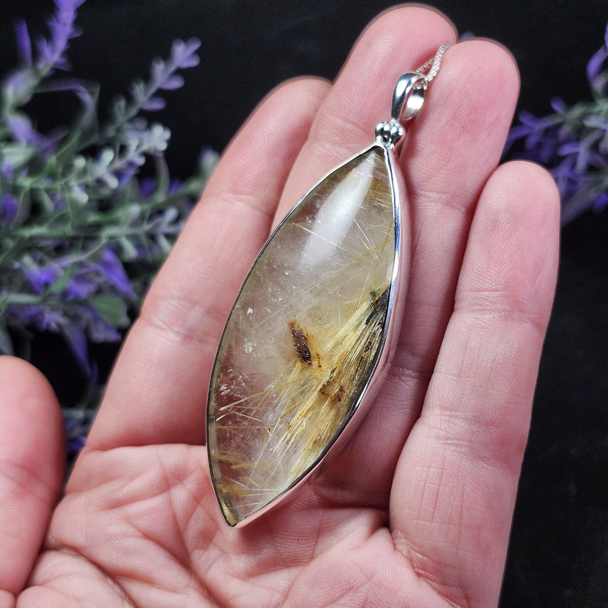 Rutile Hematite Star in Quartz Pendant, Natural Brazilian Crystal Cabochon in Sterling Silver