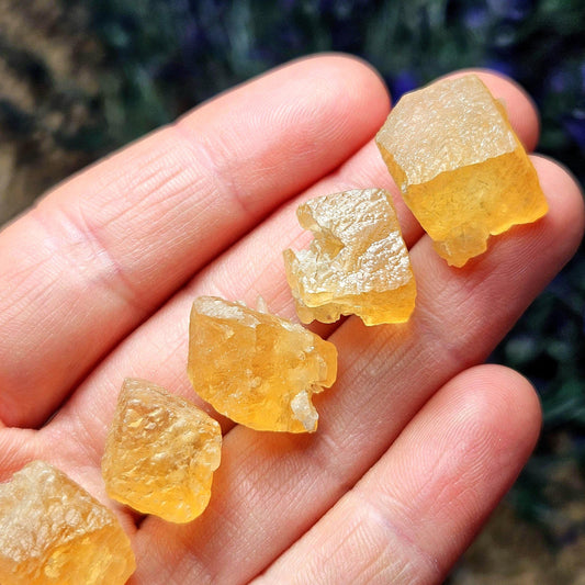 May include: Five yellow calcite crystals of varying sizes and shapes