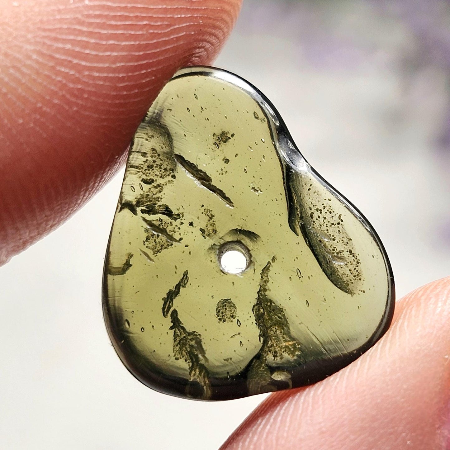 Polished Moldavite Bead: Authentic Czech Tektite Crystal (1.5g, 18x15x3mm)